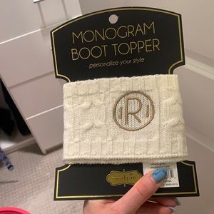 White “boot toppers” with gold stitched R